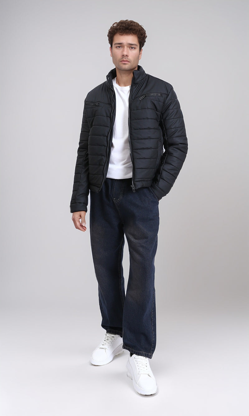 R211178 - Quilted Jacket with Front Zipped Pockets - Black