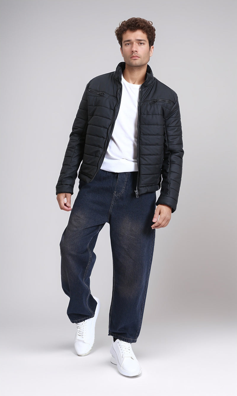 R211178 - Quilted Jacket with Front Zipped Pockets - Black