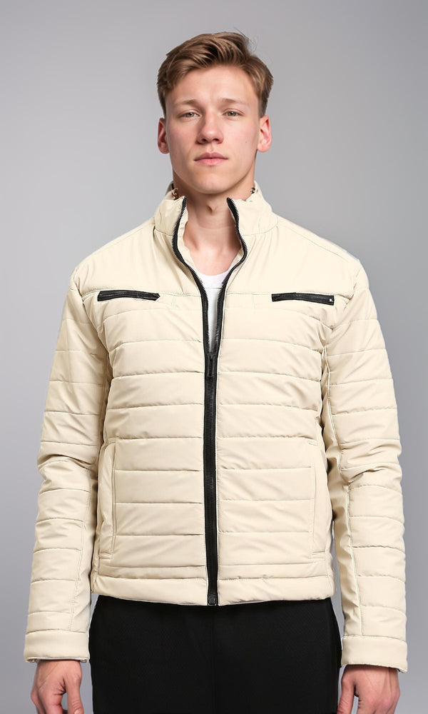 R211180 - Zipped Quilted Jacket with Pockets - Light Beige