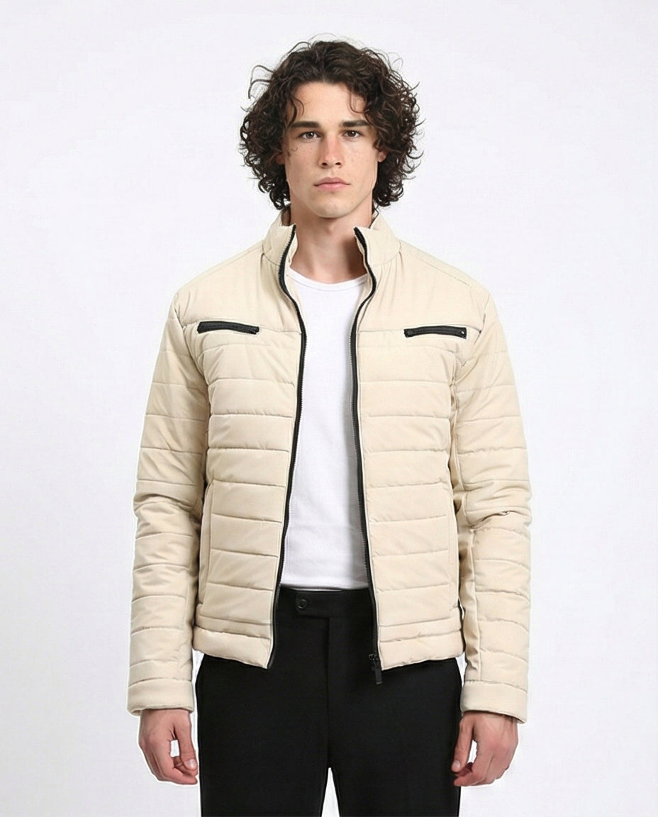 Zipped Quilted Jacket with Pockets - Light Beige