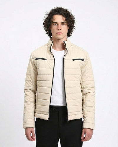 Zipped Quilted Jacket with Pockets - Light Beige