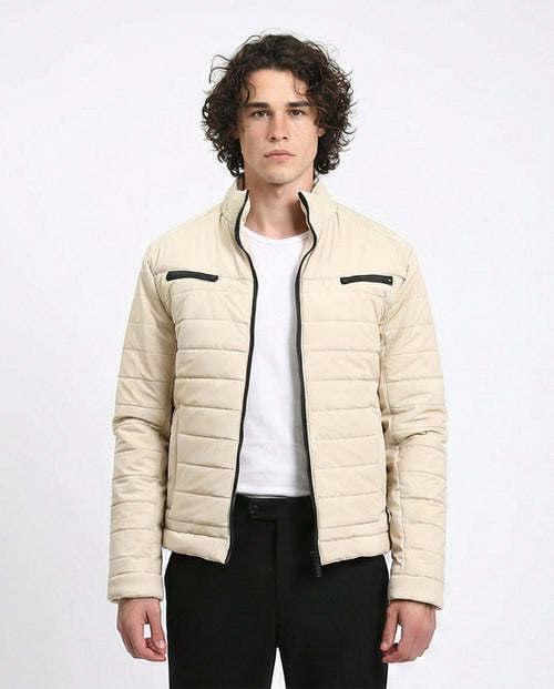 Zipped Quilted Jacket with Pockets - Light Beige