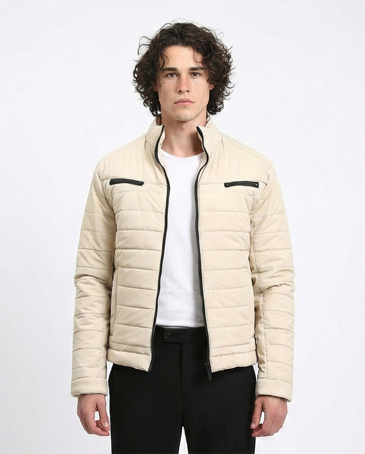 Zipped Quilted Jacket with Pockets - Light Beige