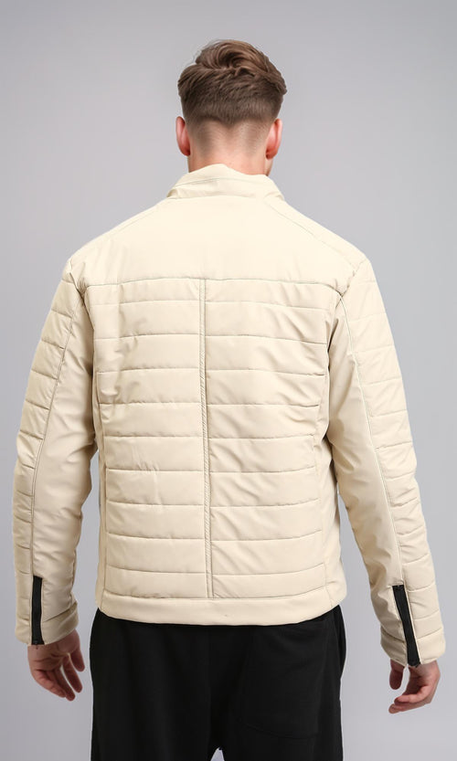 R211180 - Zipped Quilted Jacket with Pockets - Light Beige