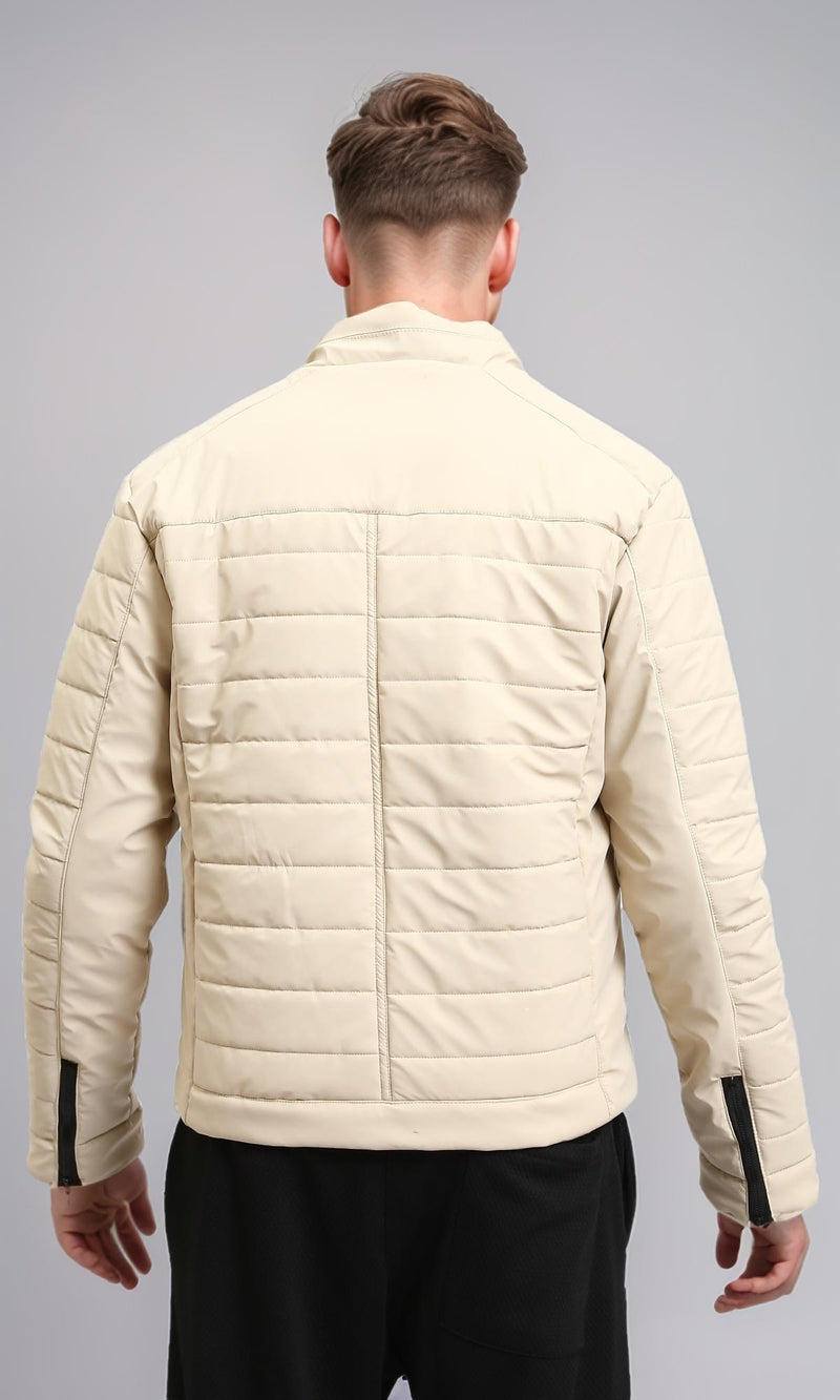 R211180 - Zipped Quilted Jacket with Pockets - Light Beige