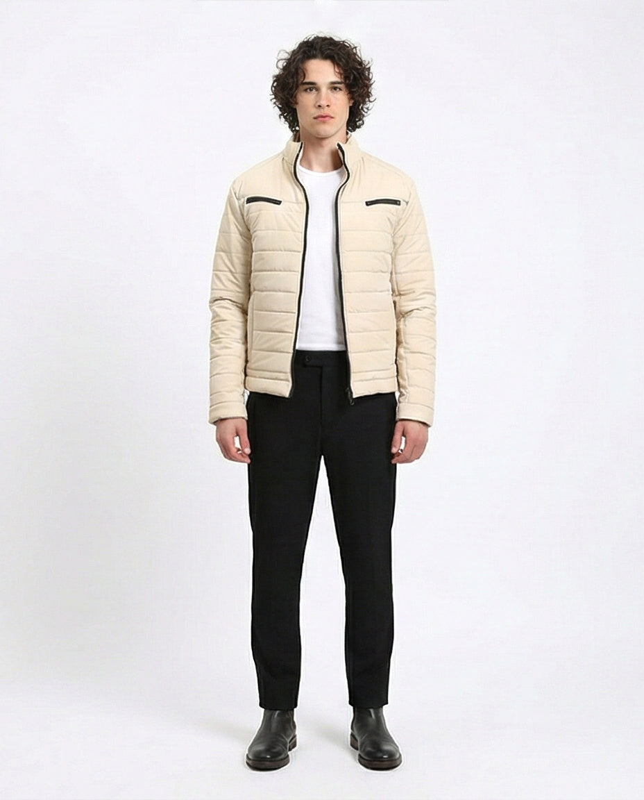 R211180 - Zipped Quilted Jacket with Pockets - Light Beige