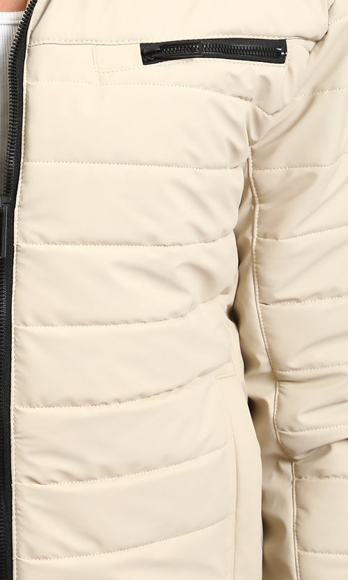 R211180 - Zipped Quilted Jacket with Pockets - Light Beige