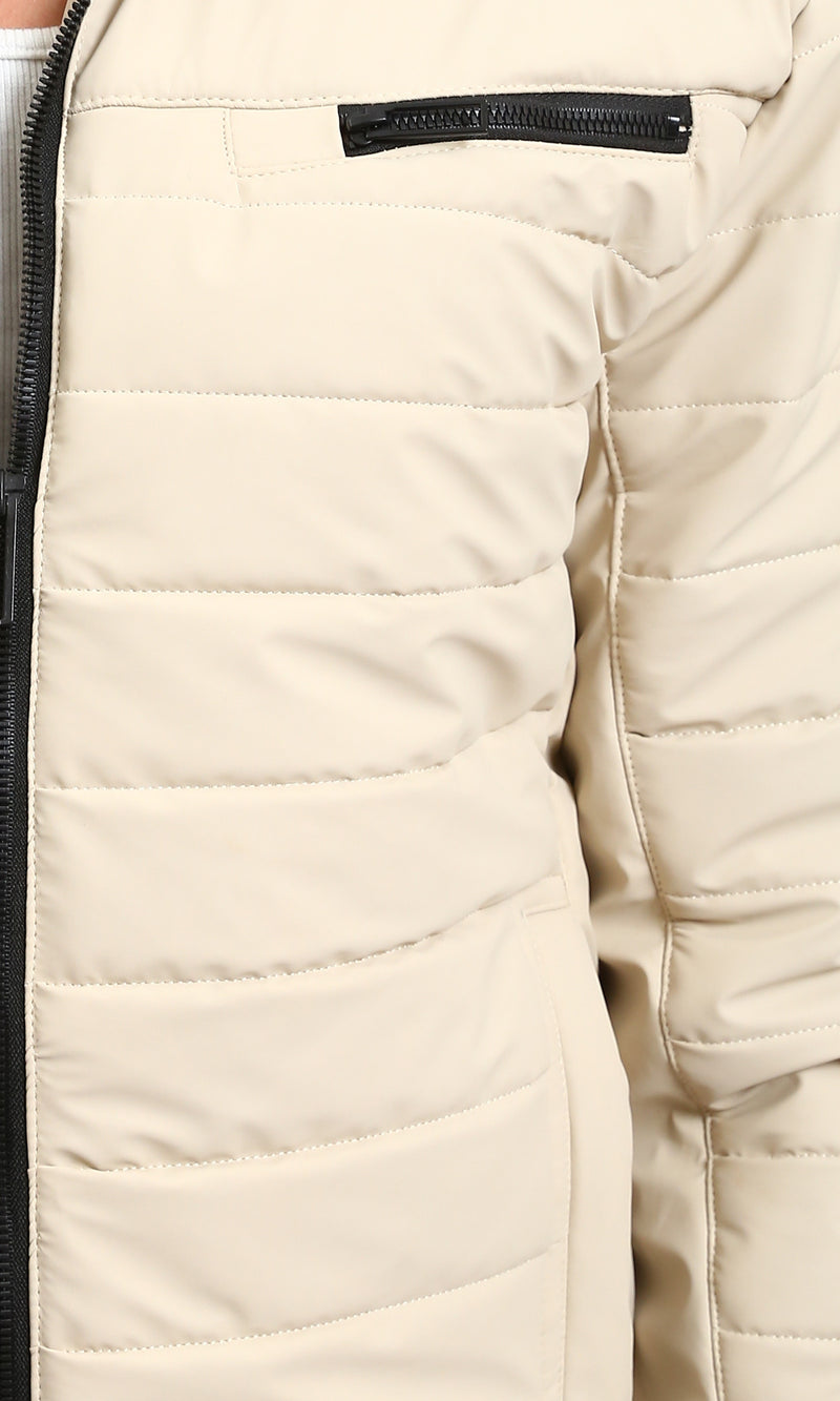 R211180 - Zipped Quilted Jacket with Pockets - Light Beige