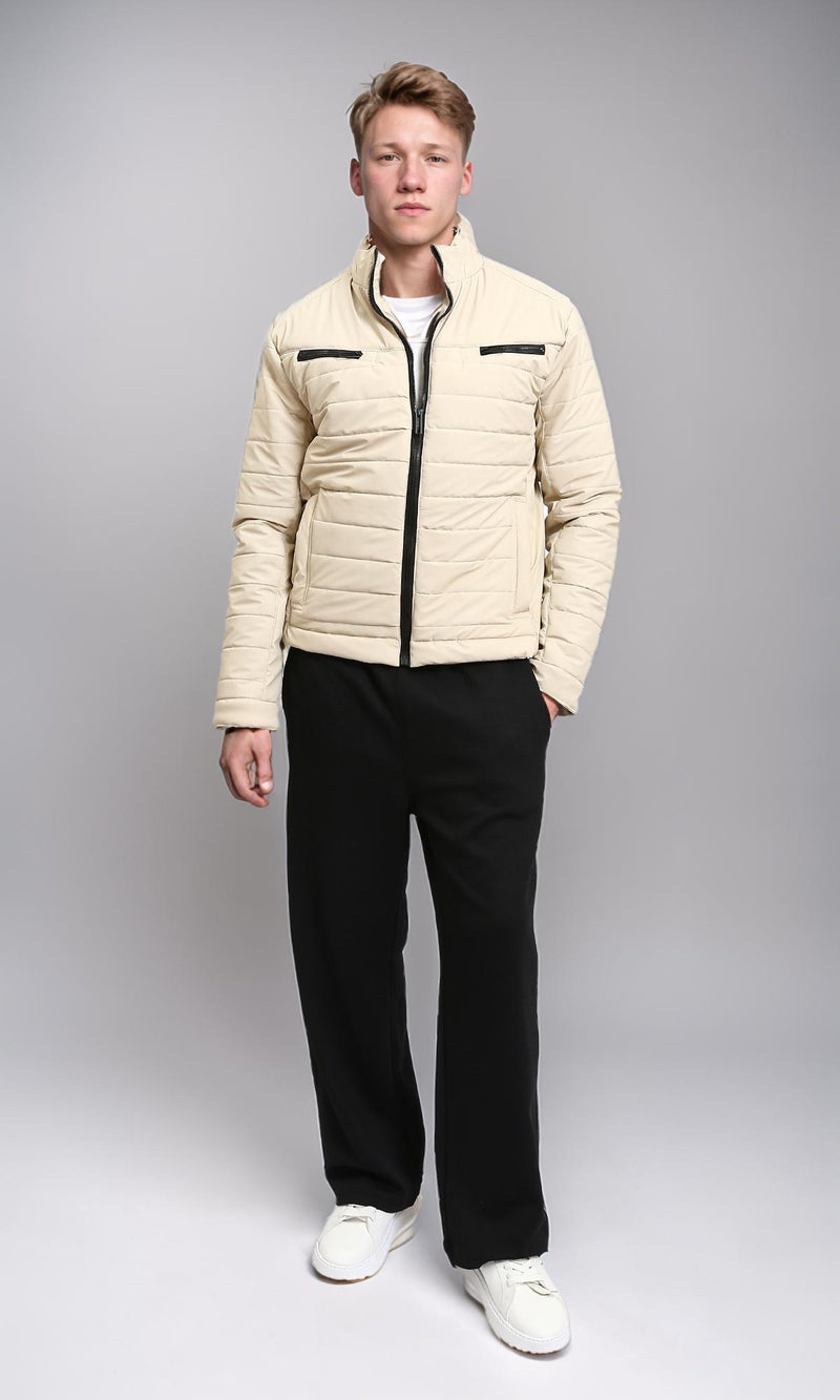 R211180 - Zipped Quilted Jacket with Pockets - Light Beige