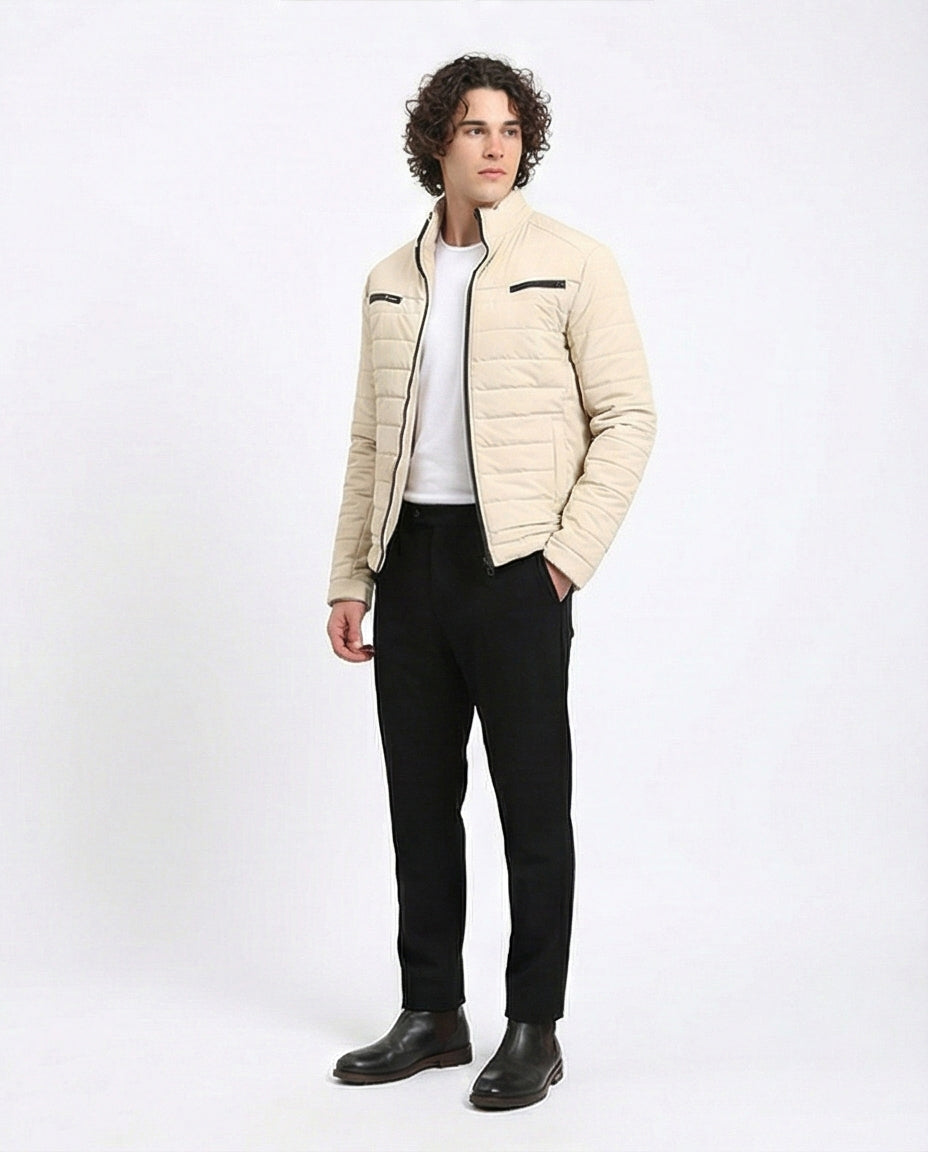 R211180 - Zipped Quilted Jacket with Pockets - Light Beige