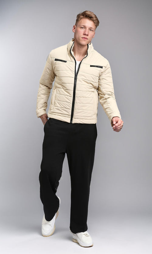 R211180 - Zipped Quilted Jacket with Pockets - Light Beige
