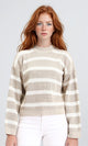 R211186 - Casual Striped Pullover with Ribbed Neck - Pastel Beige & White