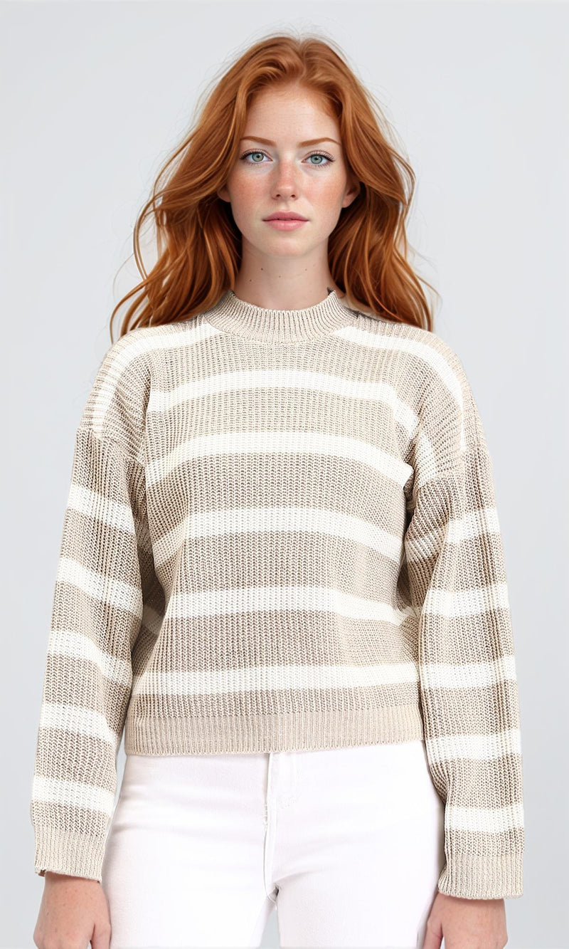 R211186 - Casual Striped Pullover with Ribbed Neck - Pastel Beige & White