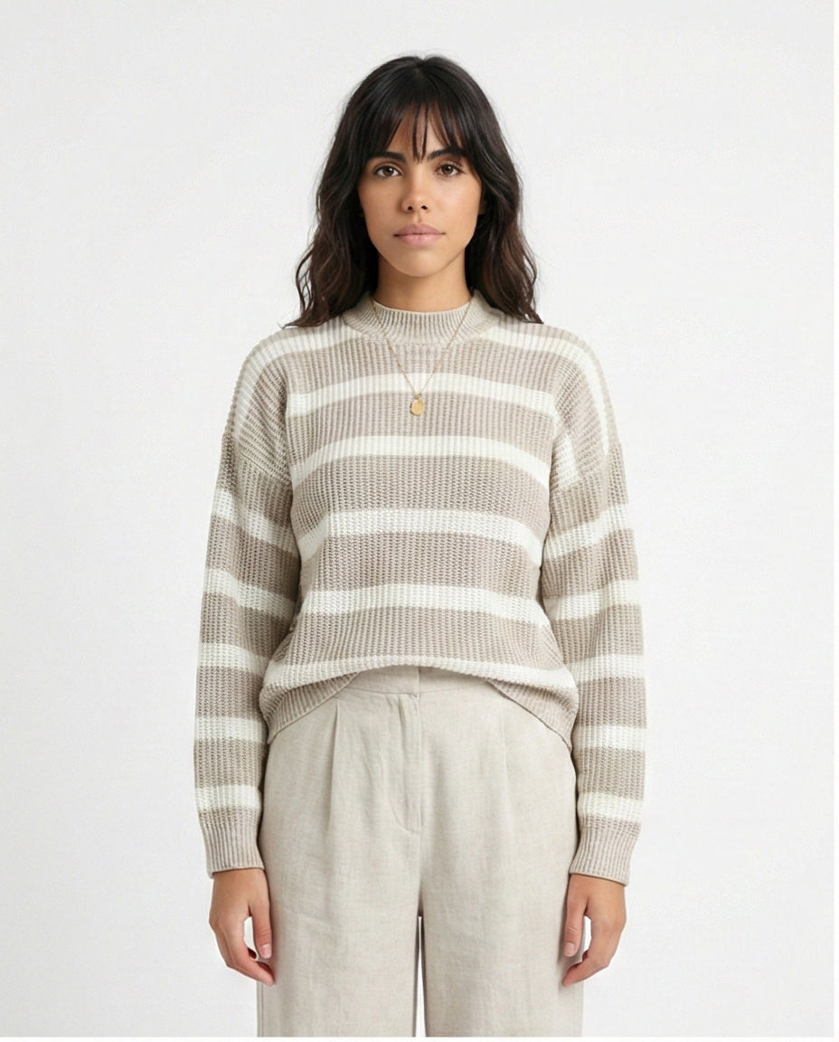 Casual Striped Pullover with Ribbed Neck - Pastel Beige & White