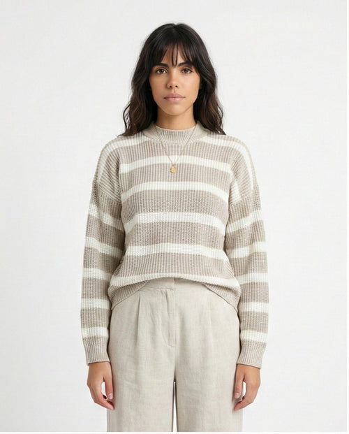 Casual Striped Pullover with Ribbed Neck - Pastel Beige & White