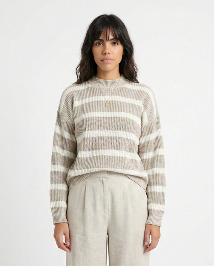 Casual Striped Pullover with Ribbed Neck - Pastel Beige & White