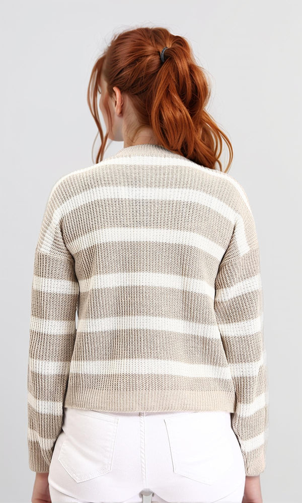 R211186 - Casual Striped Pullover with Ribbed Neck - Pastel Beige & White