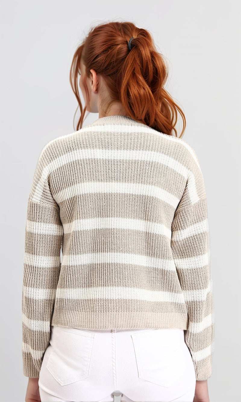 R211186 - Casual Striped Pullover with Ribbed Neck - Pastel Beige & White