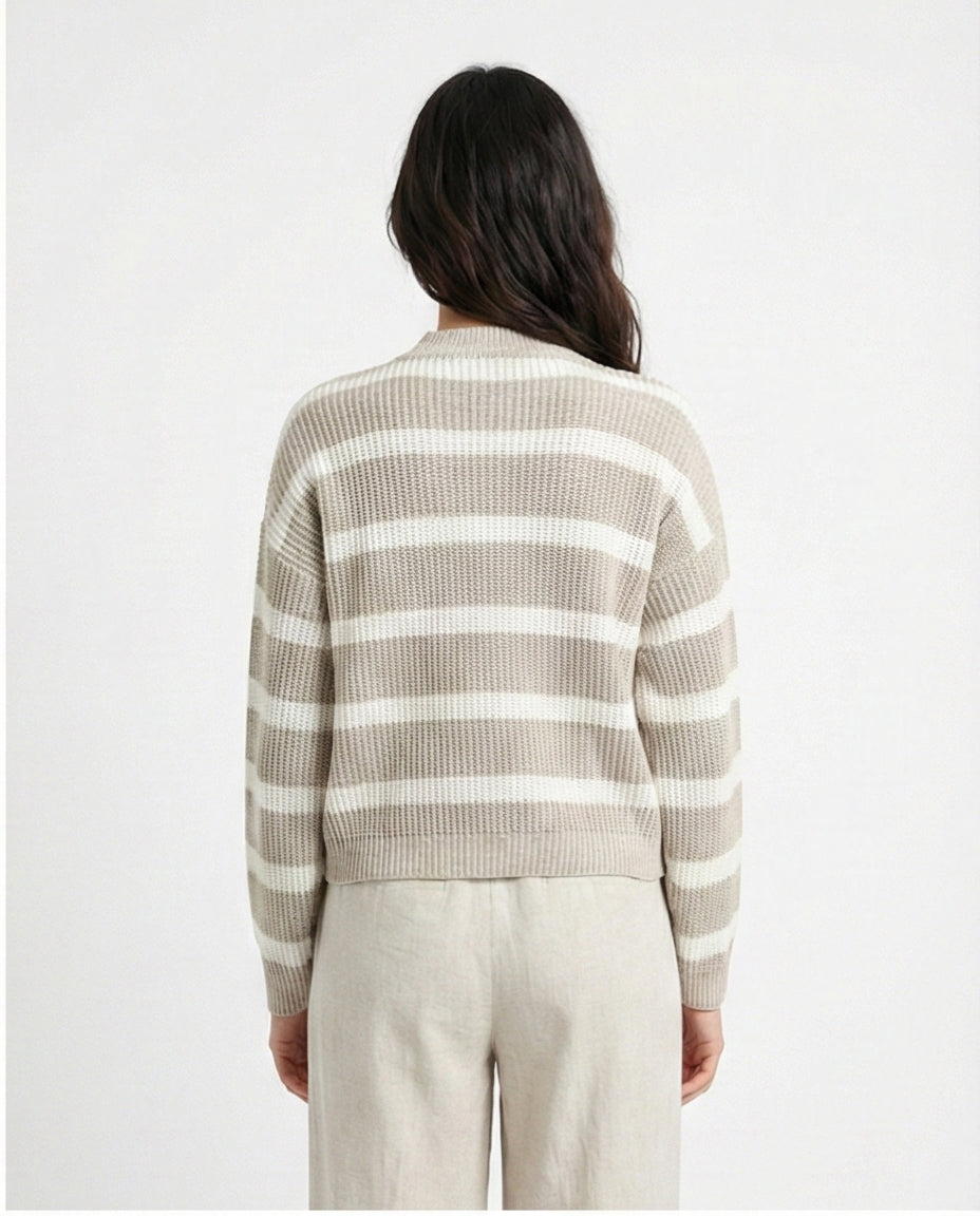 R211186 - Casual Striped Pullover with Ribbed Neck - Pastel Beige & White