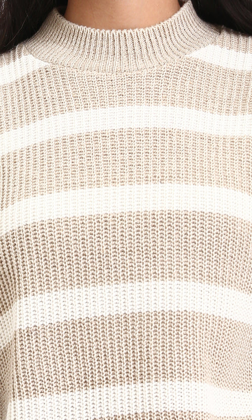 R211186 - Casual Striped Pullover with Ribbed Neck - Pastel Beige & White
