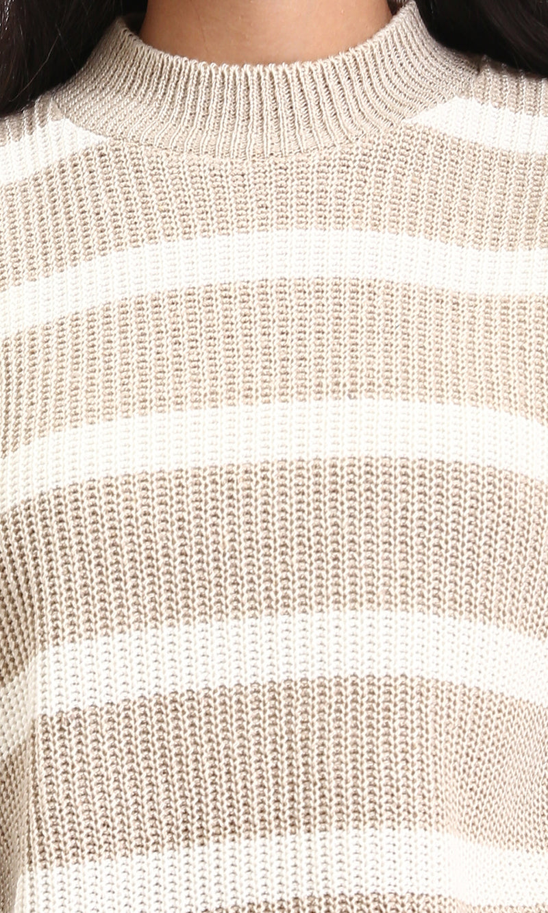R211186 - Casual Striped Pullover with Ribbed Neck - Pastel Beige & White