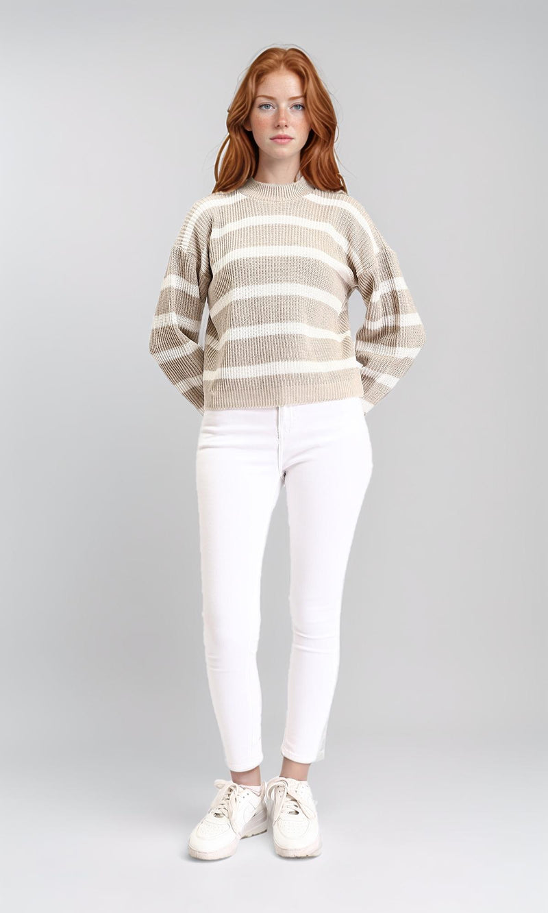 R211186 - Casual Striped Pullover with Ribbed Neck - Pastel Beige & White