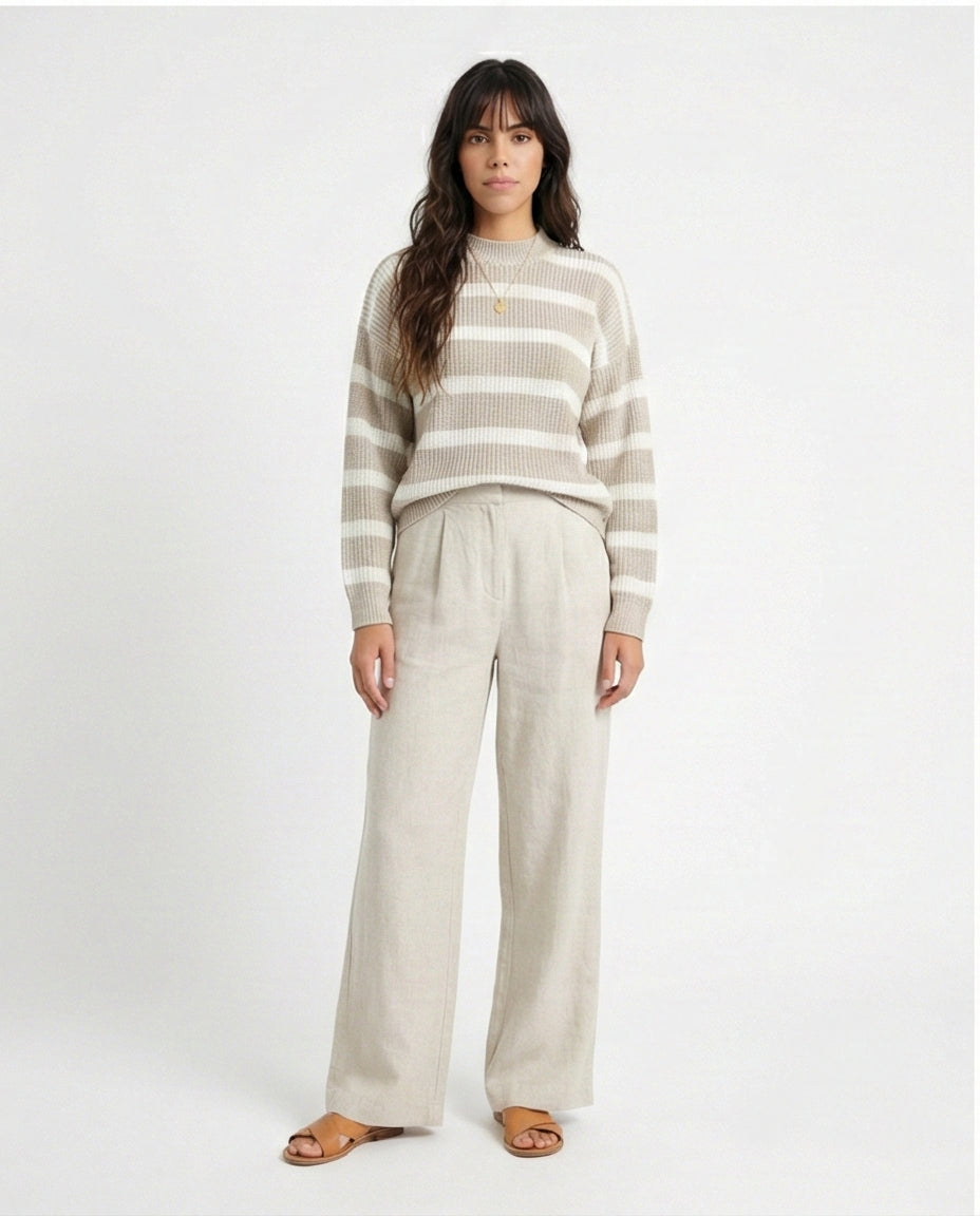 R211186 - Casual Striped Pullover with Ribbed Neck - Pastel Beige & White