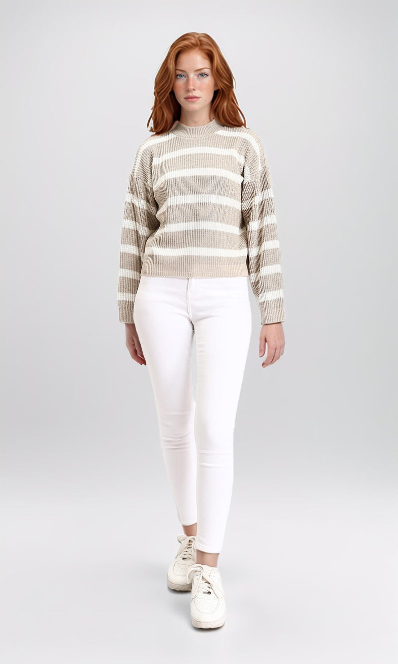R211186 - Casual Striped Pullover with Ribbed Neck - Pastel Beige & White