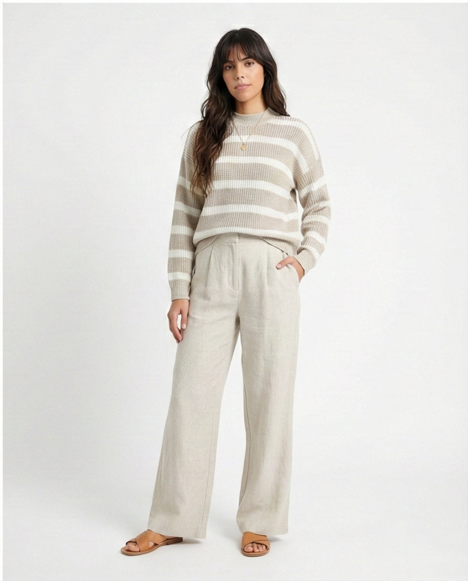 R211186 - Casual Striped Pullover with Ribbed Neck - Pastel Beige & White