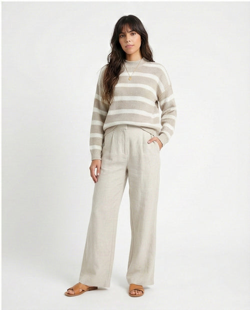 R211186 - Casual Striped Pullover with Ribbed Neck - Pastel Beige & White