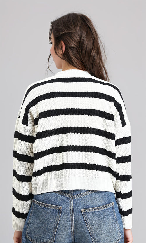 R211187 - Mock Neck Striped Knitted Pullover - Black & White
