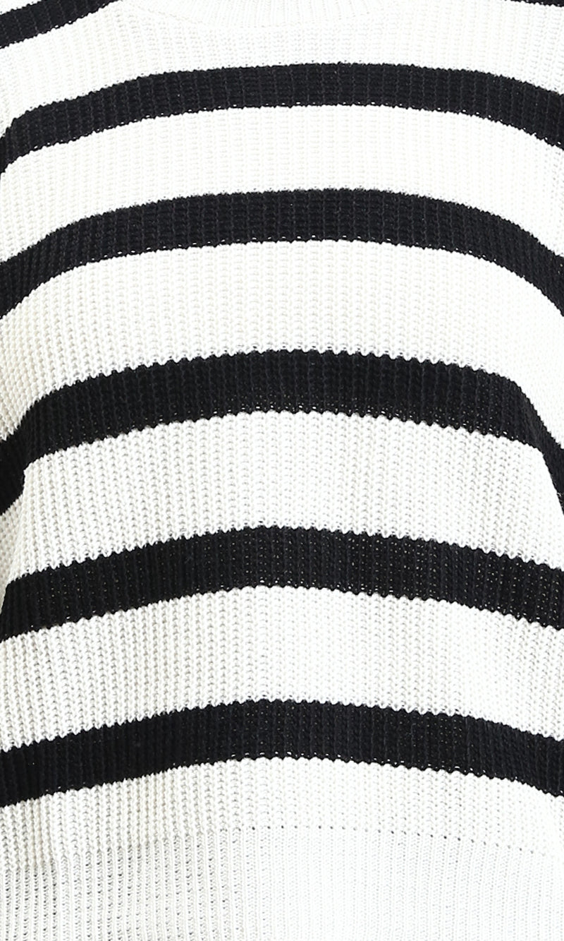 R211187 - Mock Neck Striped Knitted Pullover - Black & White
