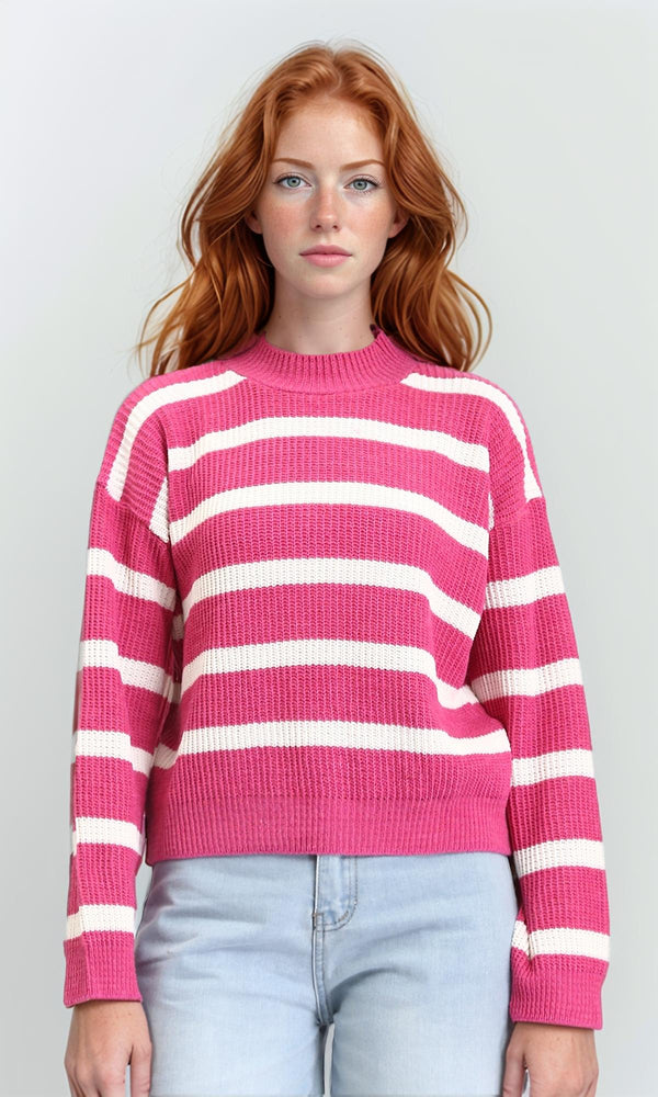 R211188 - Casual Striped Pullover with Ribbed Neck - Fuchsia & White