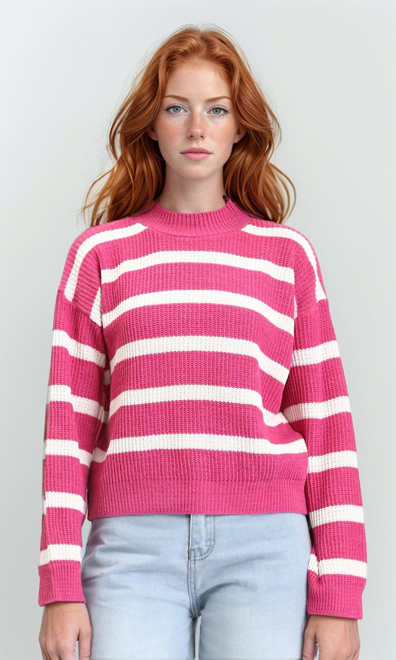 R211188 - Casual Striped Pullover with Ribbed Neck - Fuchsia & White