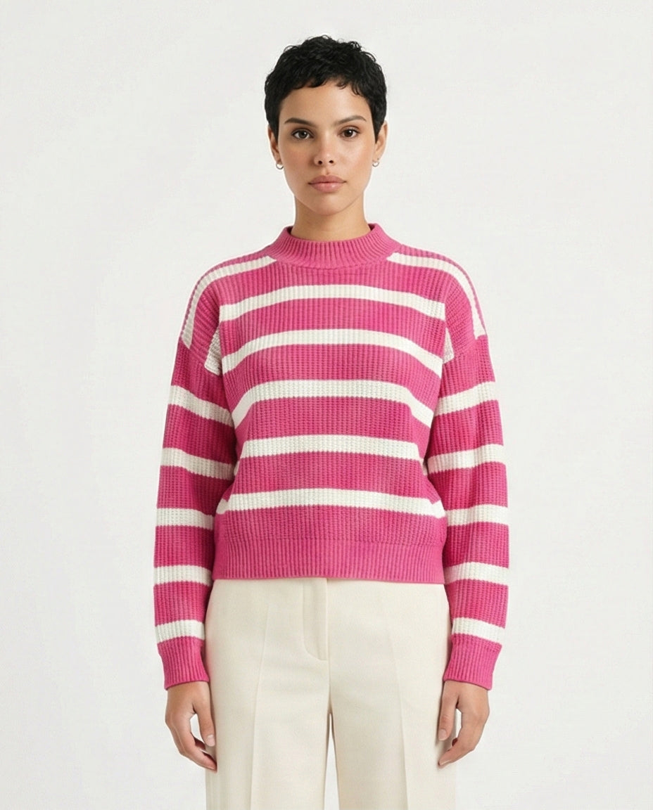 Casual Striped Pullover with Ribbed Neck - Fuchsia & White
