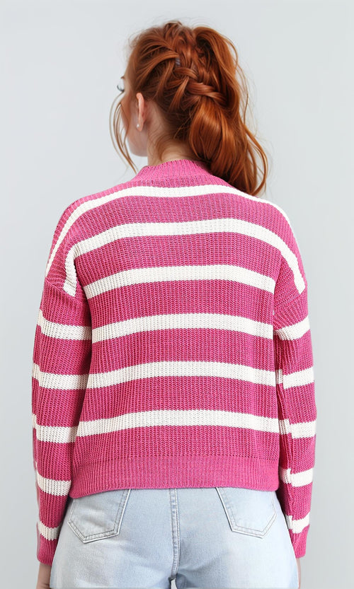 R211188 - Casual Striped Pullover with Ribbed Neck - Fuchsia & White