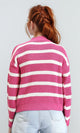 R211188 - Casual Striped Pullover with Ribbed Neck - Fuchsia & White