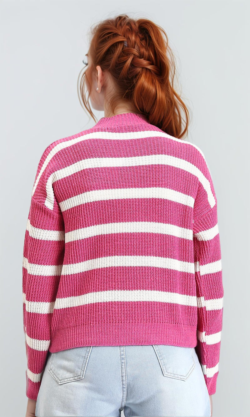 R211188 - Casual Striped Pullover with Ribbed Neck - Fuchsia & White