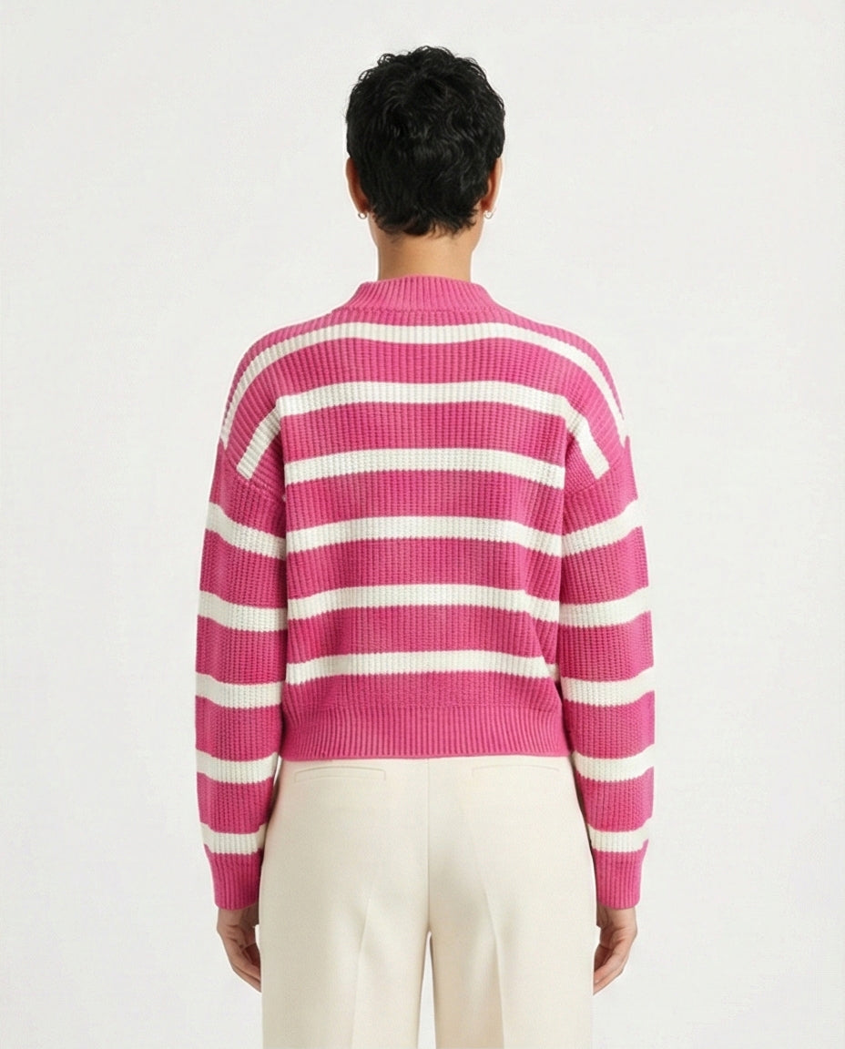 R211188 - Casual Striped Pullover with Ribbed Neck - Fuchsia & White