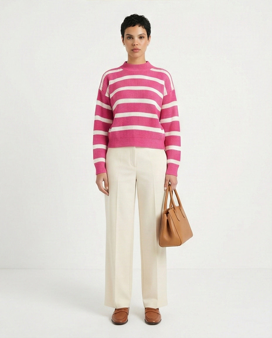 R211188 - Casual Striped Pullover with Ribbed Neck - Fuchsia & White