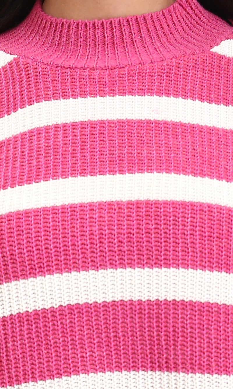 R211188 - Casual Striped Pullover with Ribbed Neck - Fuchsia & White