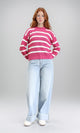 R211188 - Casual Striped Pullover with Ribbed Neck - Fuchsia & White