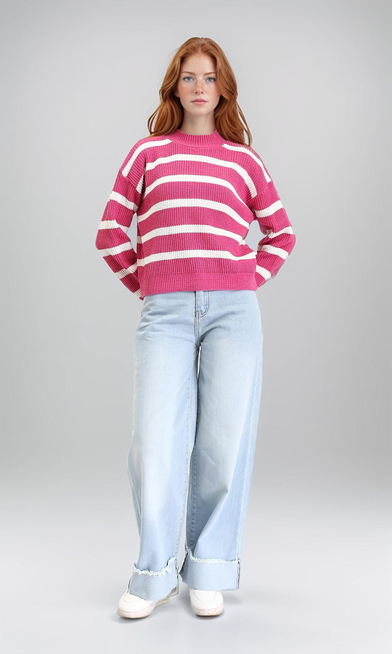 R211188 - Casual Striped Pullover with Ribbed Neck - Fuchsia & White
