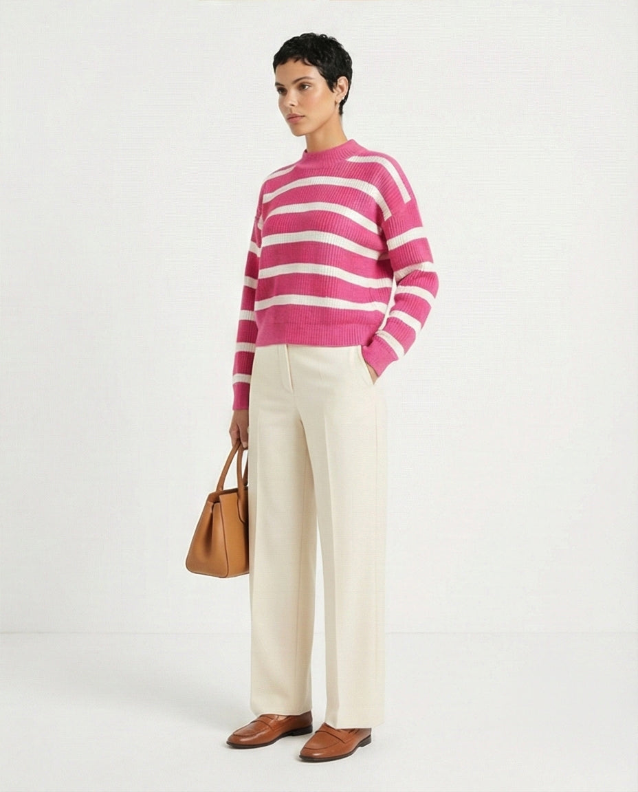 R211188 - Casual Striped Pullover with Ribbed Neck - Fuchsia & White