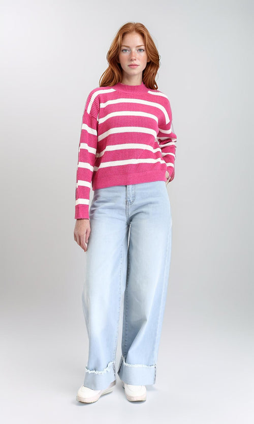 R211188 - Casual Striped Pullover with Ribbed Neck - Fuchsia & White