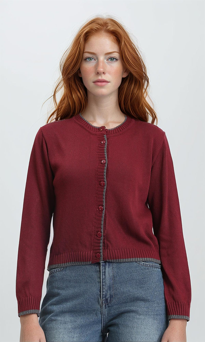 R211189 - Full Buttons Down Winter Cardigan - Burgundy