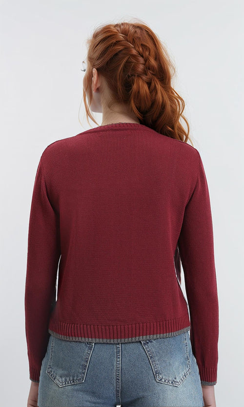 R211189 - Full Buttons Down Winter Cardigan - Burgundy