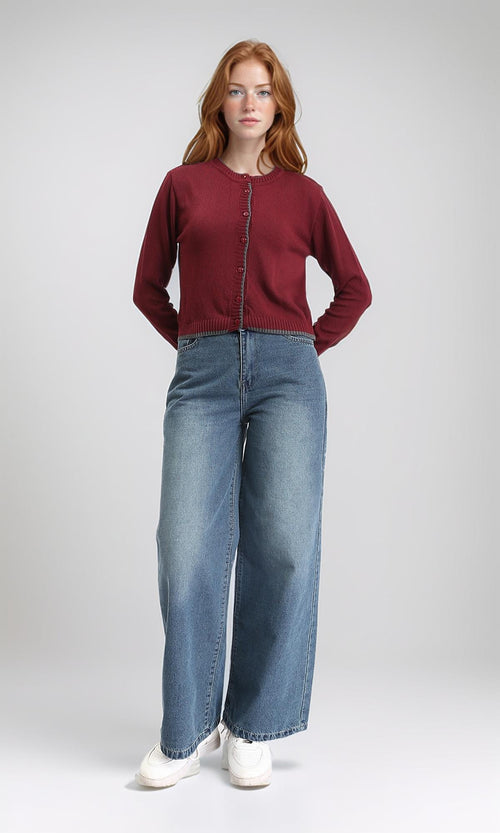 R211189 - Full Buttons Down Winter Cardigan - Burgundy