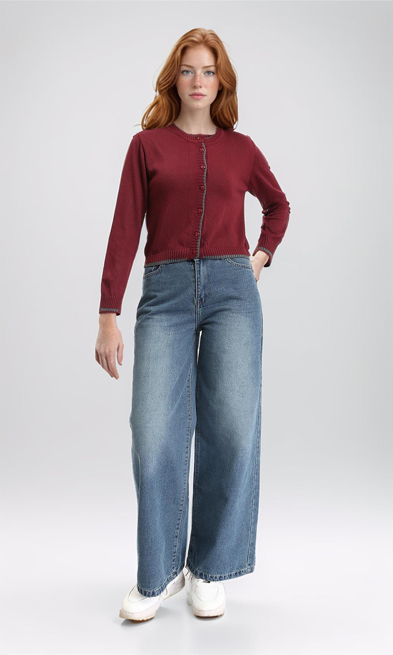 R211189 - Full Buttons Down Winter Cardigan - Burgundy