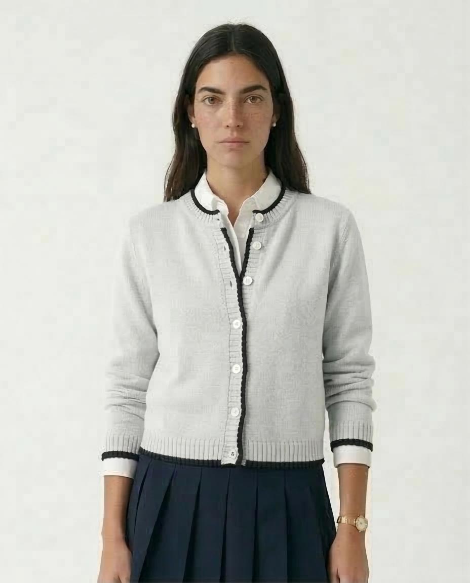 Contrast-Trim Ribbed Knit Cropped Cardigan - Grey/black